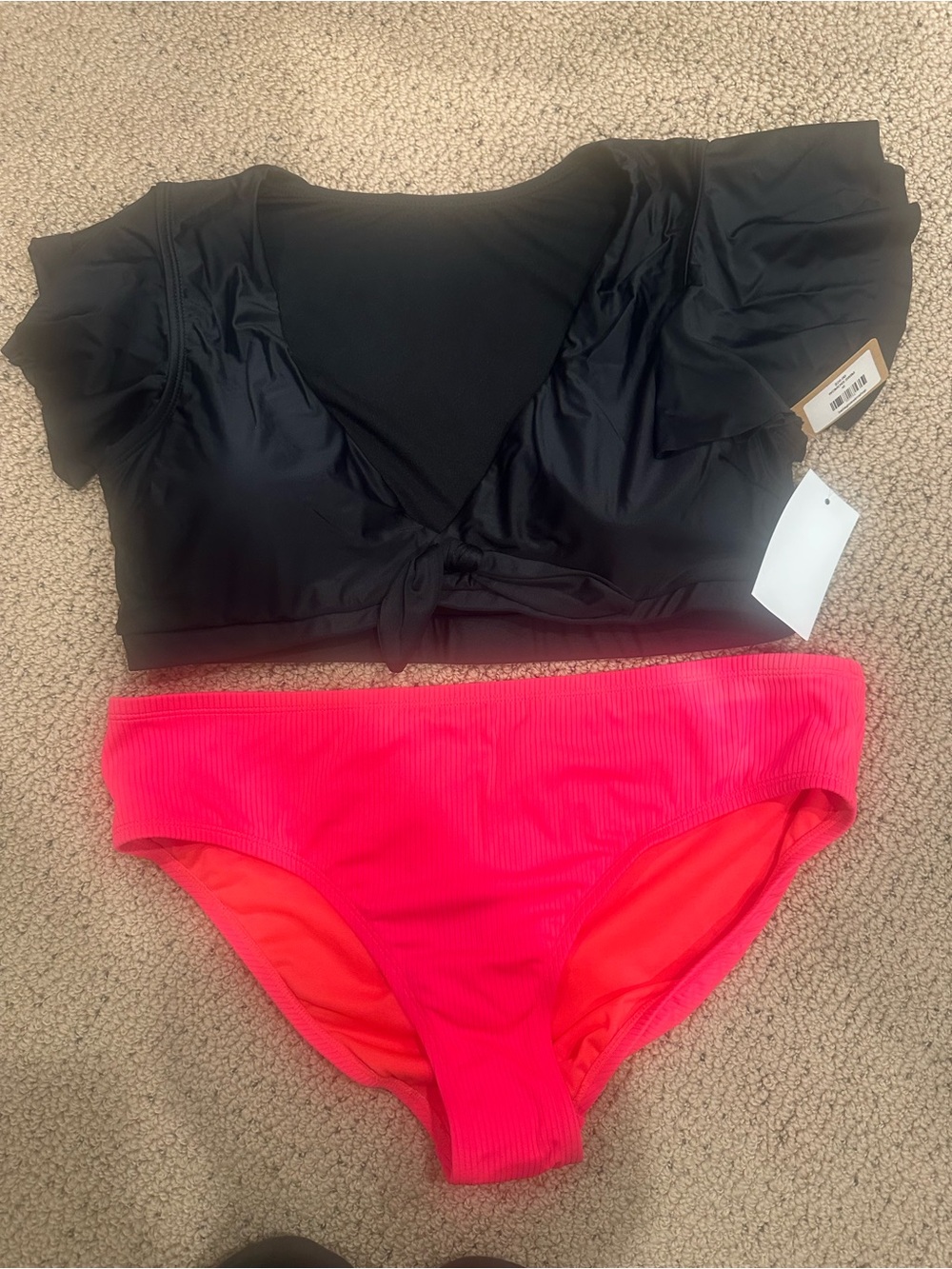 Ruffle Short-Sleeve Black Swim Top with Hot Pink Bikini Bottoms